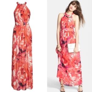 Eliza J Floral Chiffon Halter Maxi Dress Pink Orange Watercolor Gown Womens 6
